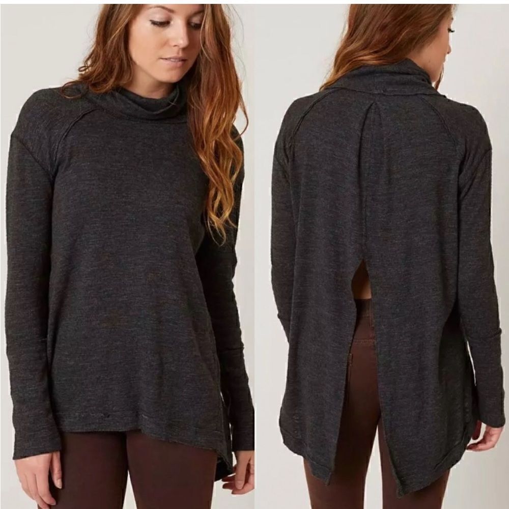Free people charcoal gray split back mock neck top size small